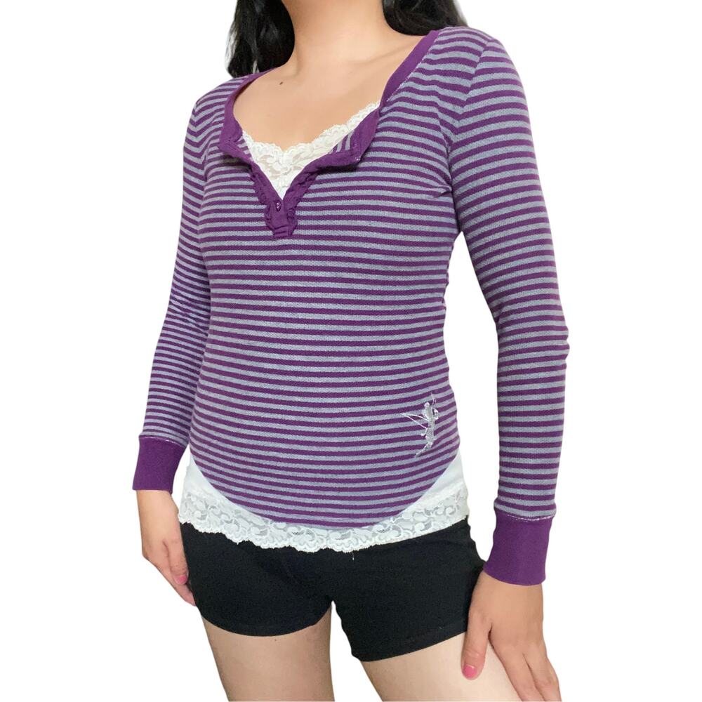 Disney Tinkerbell Striped Henley Quarter Button Up Long Sleeve Top Fairycore Y2K